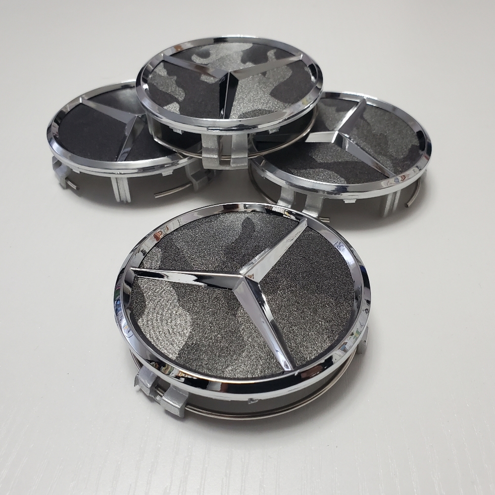 4 Camouflage Silver WHEEL CENTER HUB CAPS EMBLEM FITS MERCEDES BENZ 75mm 3inch - Picture 5 of 6